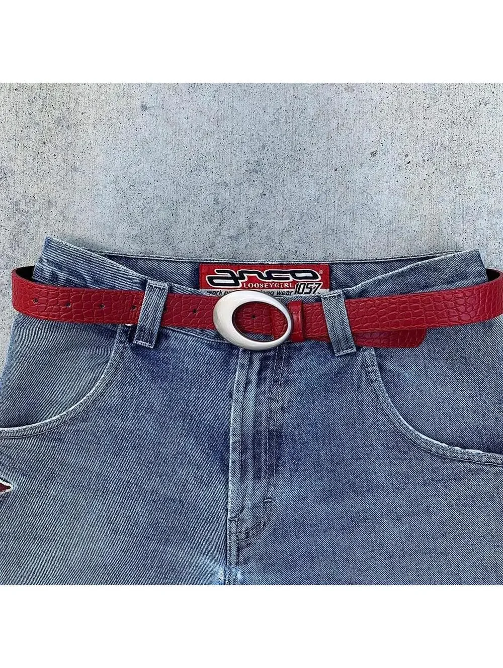 Y2k 2000s style Silver opal belt buckle with Red crocodile style leather. 39 inc